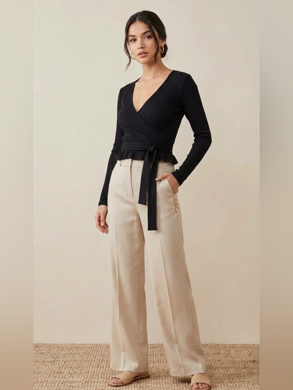 ZARA Black Wrap Front Long Sleeve Top Size Large